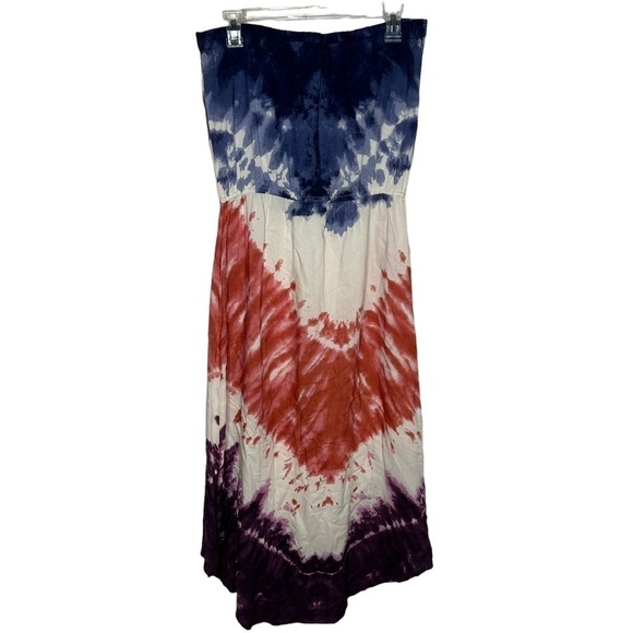 Angie Women's Tie Dye Red and Blue Strapless Long Maxi Dress - Picture 4 of 14